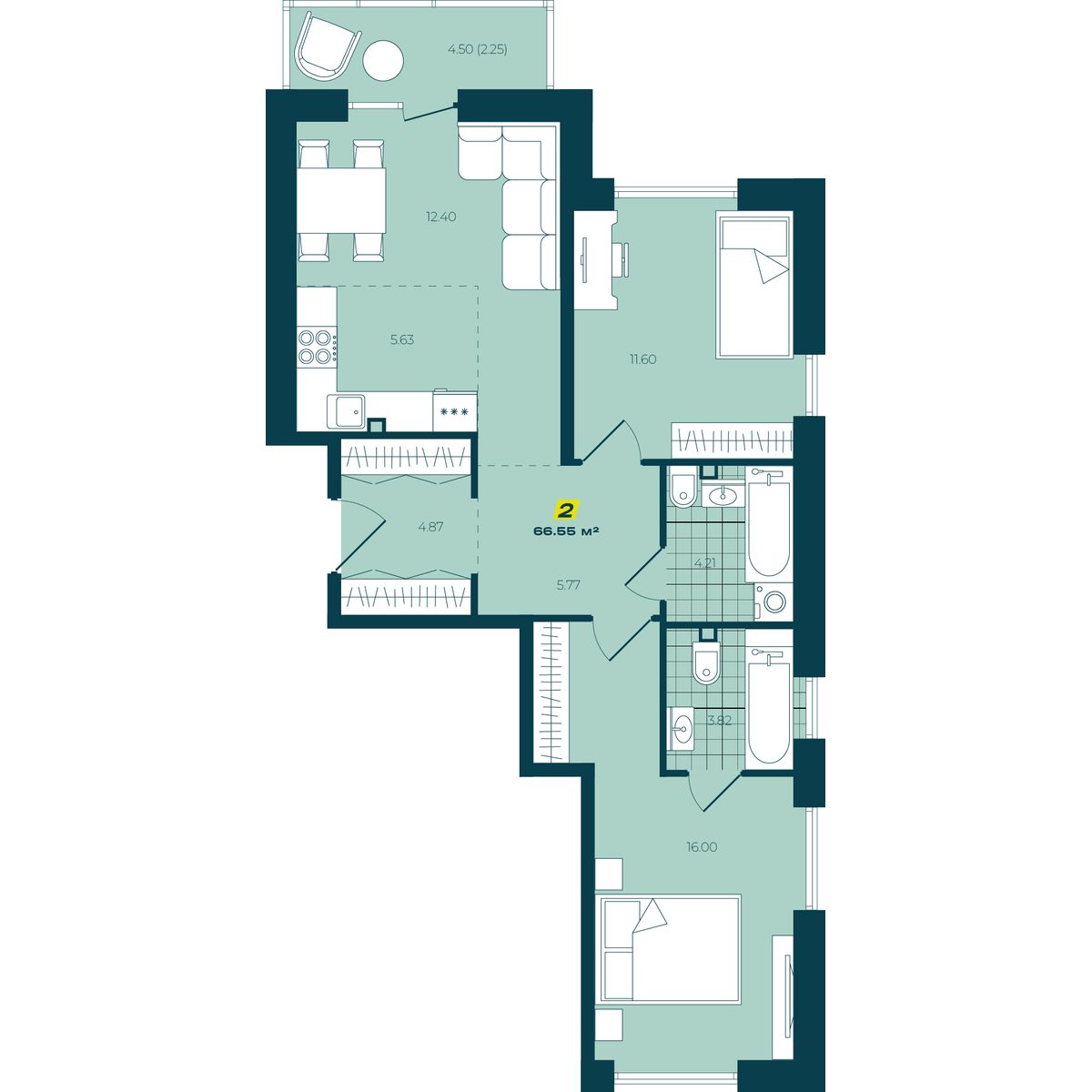 3-комнатная 66,55 м² в ЖК Зелёный Бульвар 3-комнатная 66,55 м²