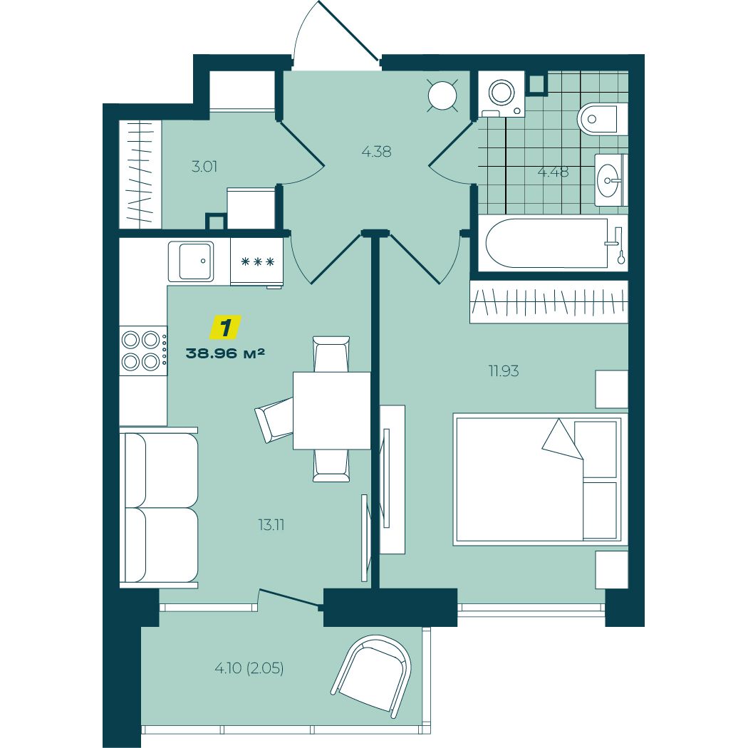 1-комнатная, 38.96 м², № 6 в Зеленый бульвар-2