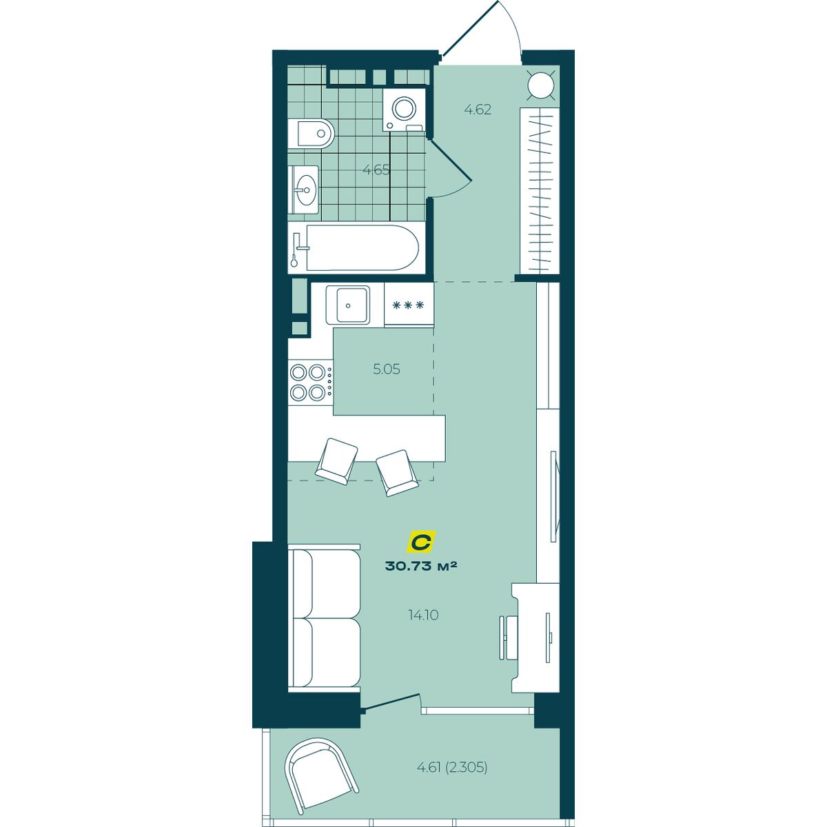 Студия 30,73 м² в ЖК Зелёный Бульвар Студия 30,73 м²