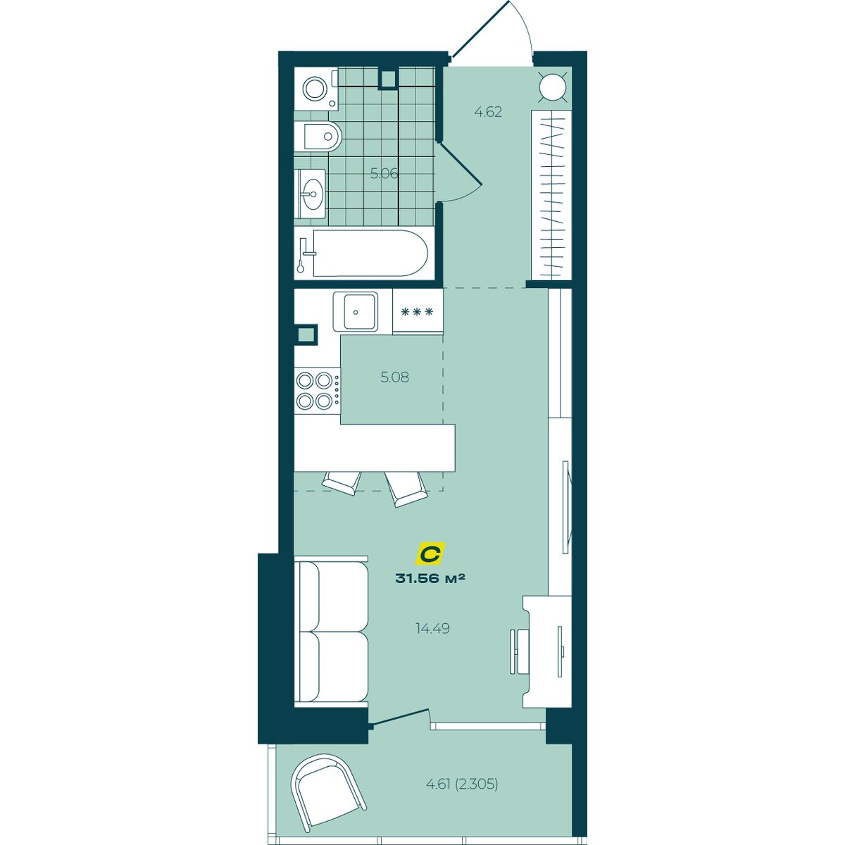 Студия 31,56 м² в ЖК Зелёный Бульвар Студия 31,56 м²