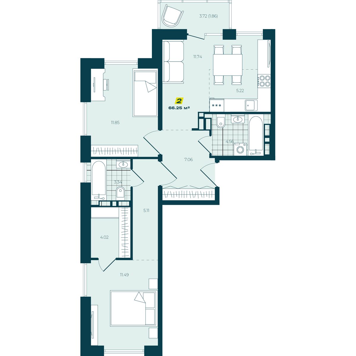 3-комнатная, 66.25 м², № 134 в Зеленый бульвар-2