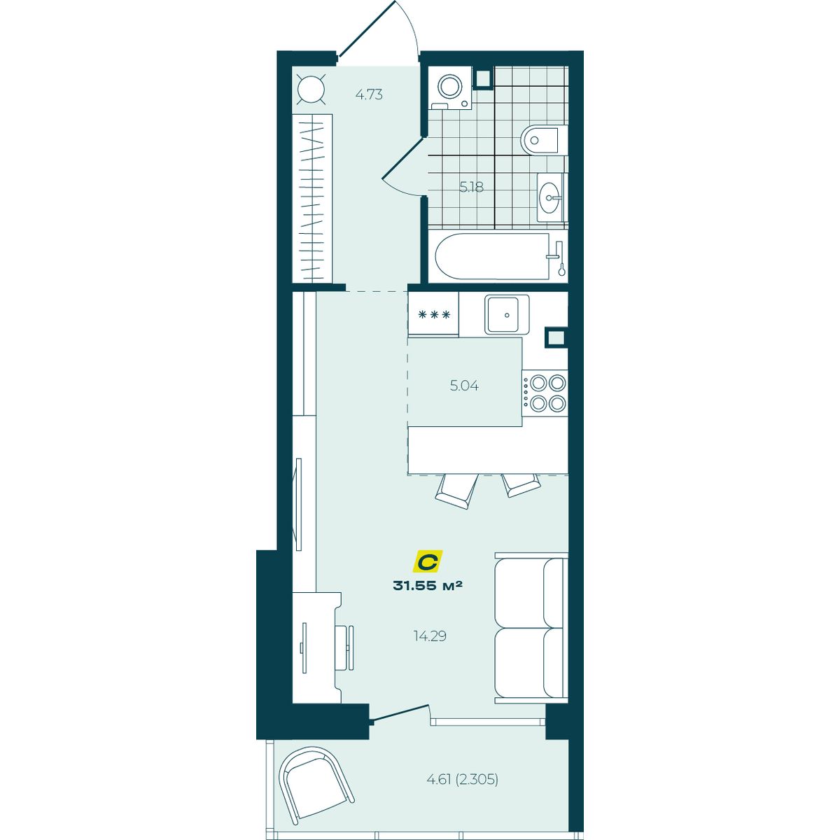 Студия 31,55 м² в ЖК Зелёный Бульвар Студия 31,55 м²