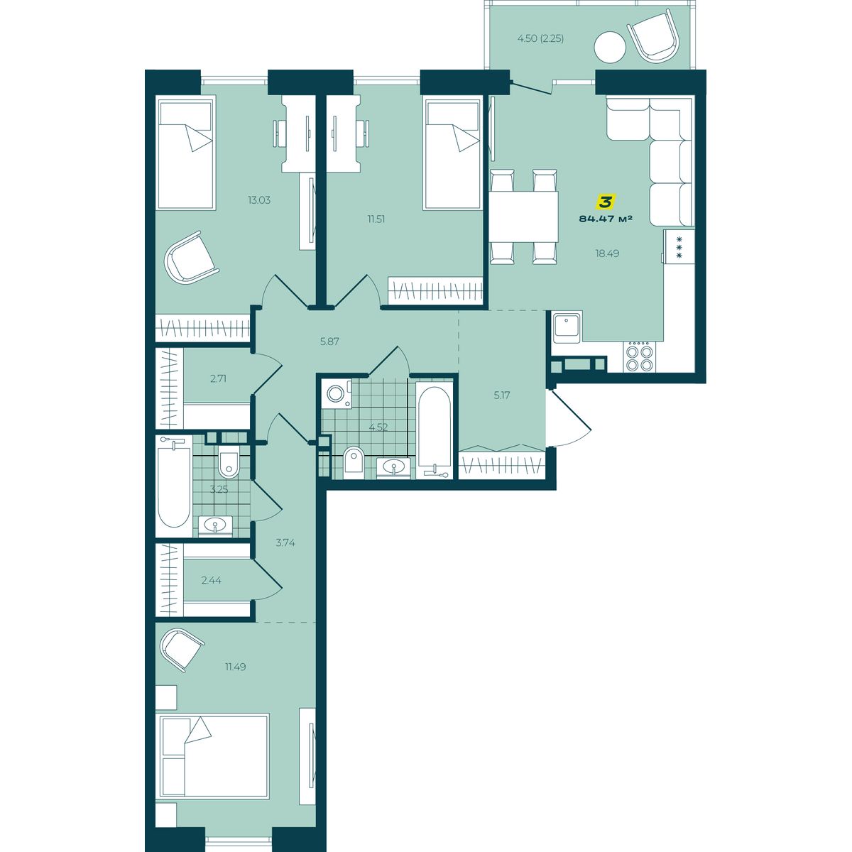 4-комнатная, 84.47 м², № 197 в Зеленый бульвар-2