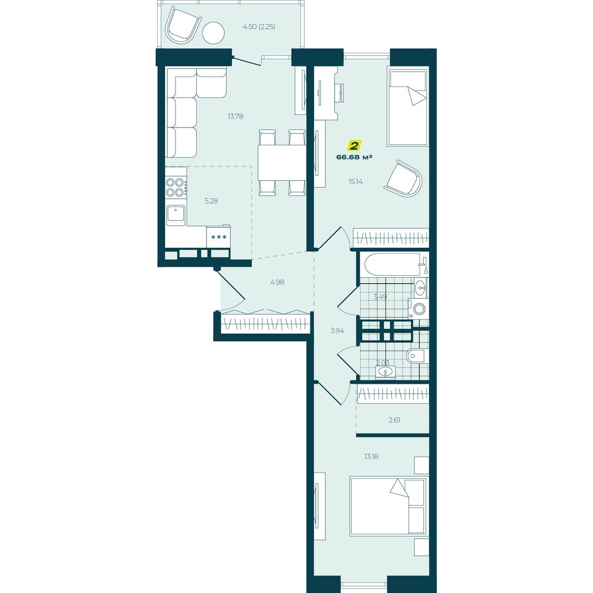 3-комнатная, 66.68 м², № 140 в Зеленый бульвар-2