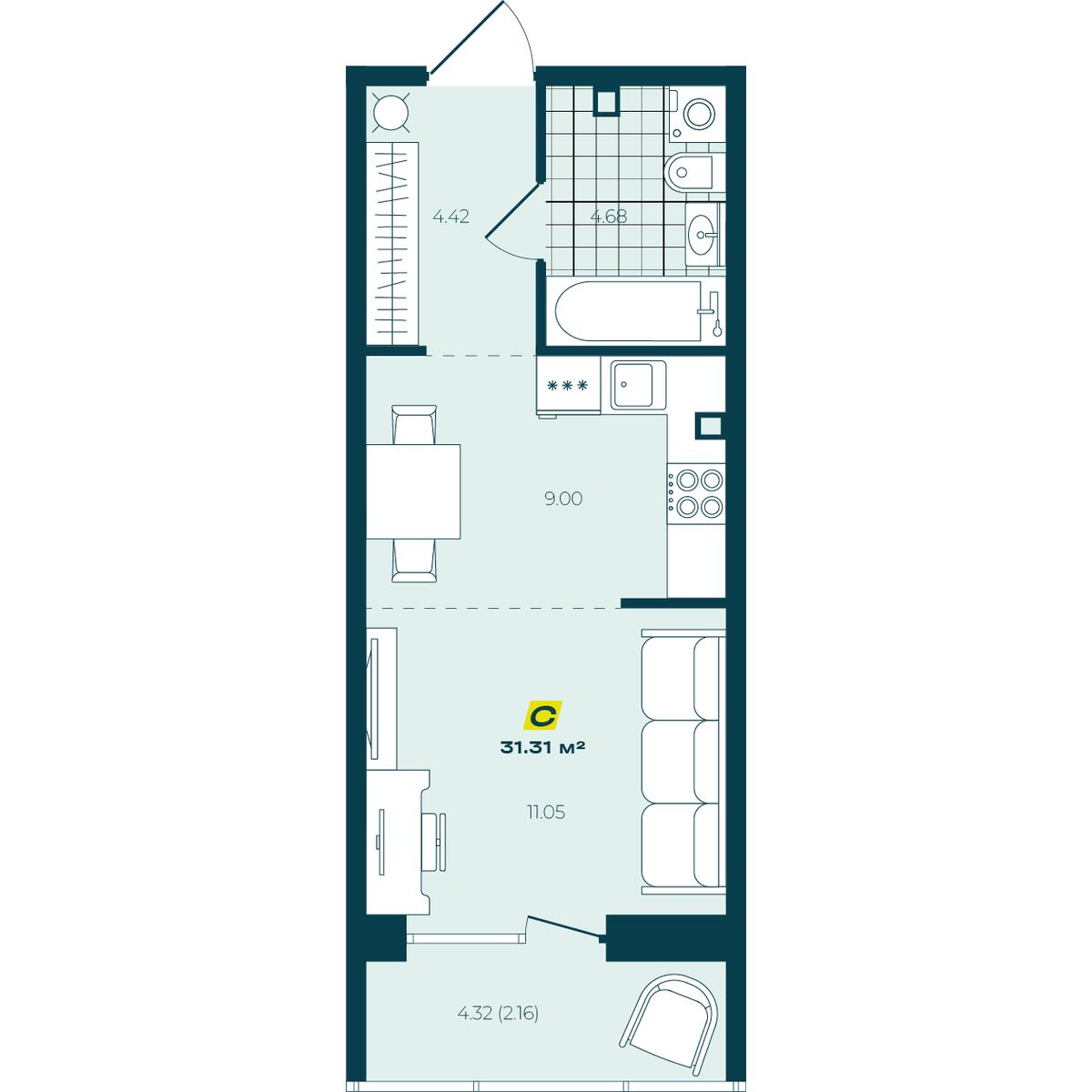 Студия 31,31 м² в ЖК Зелёный Бульвар Студия 31,31 м²