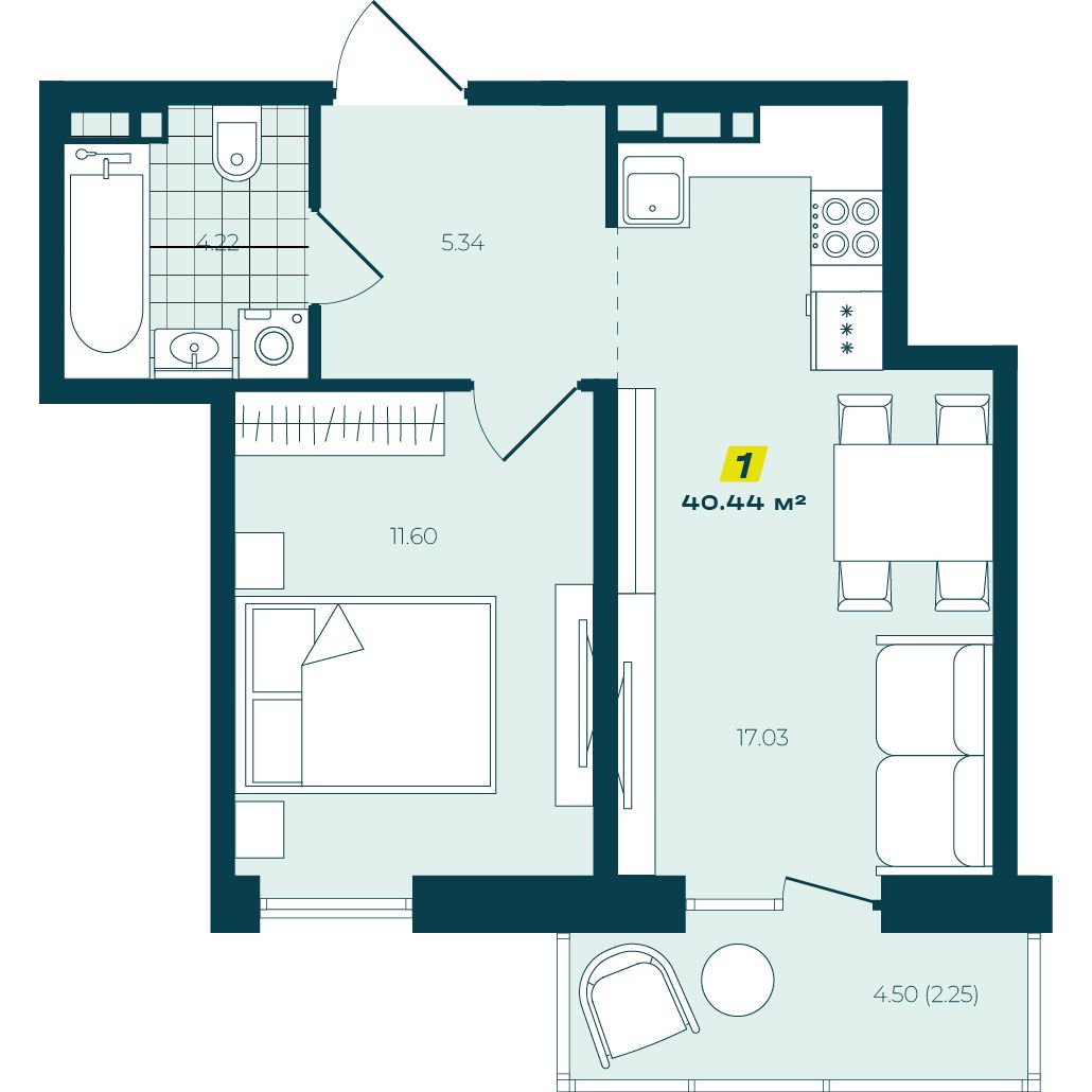 1-комнатная 40,44 м² в ЖК Зелёный Бульвар 1-комнатная 40,44 м²