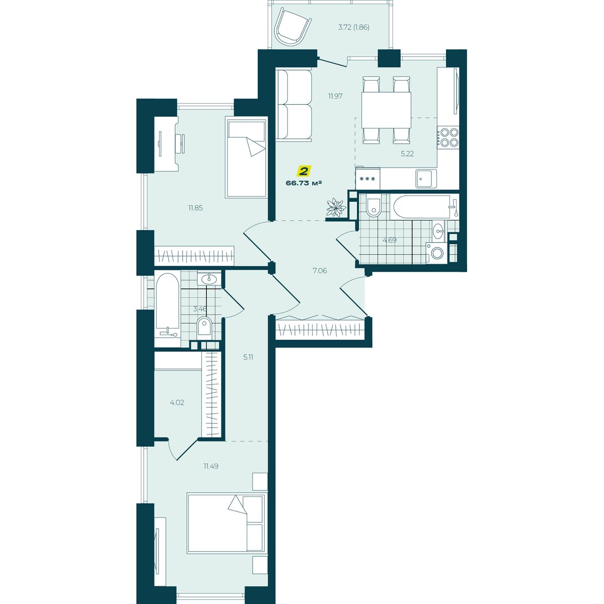 3-комнатная 66,73 м² в ЖК Зелёный Бульвар 3-комнатная 66,73 м²