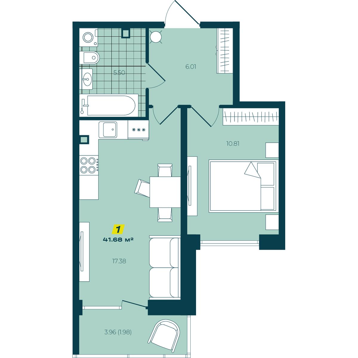 1-комнатная 41,68 м² в ЖК Зелёный Бульвар 1-комнатная 41,68 м²