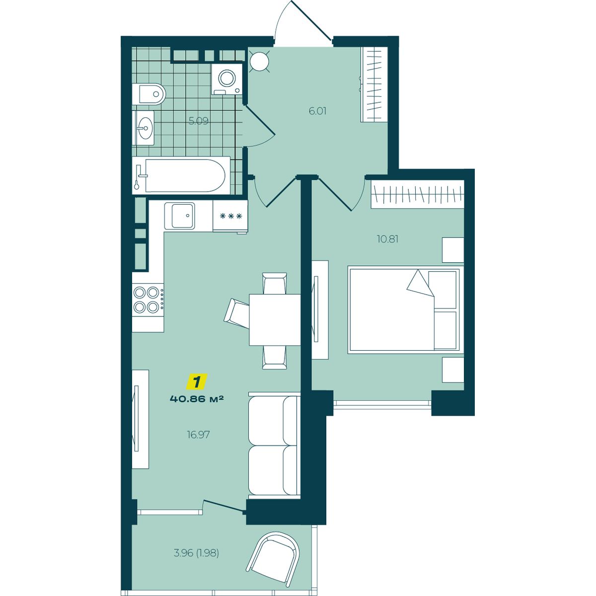 1-комнатная, 40.86 м², № 278 в Зеленый бульвар-2