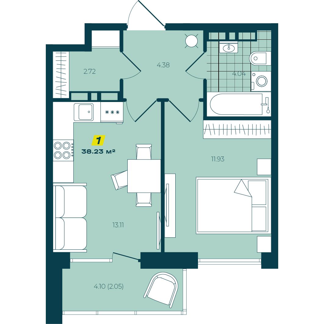 1-комнатная, 38.23 м², № 118 в Зеленый бульвар-2