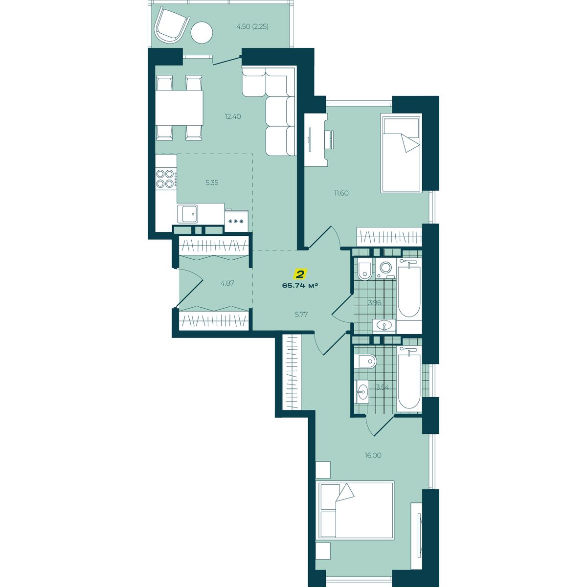 3-комнатная, 65.74 м², № 259 в Зеленый бульвар-2