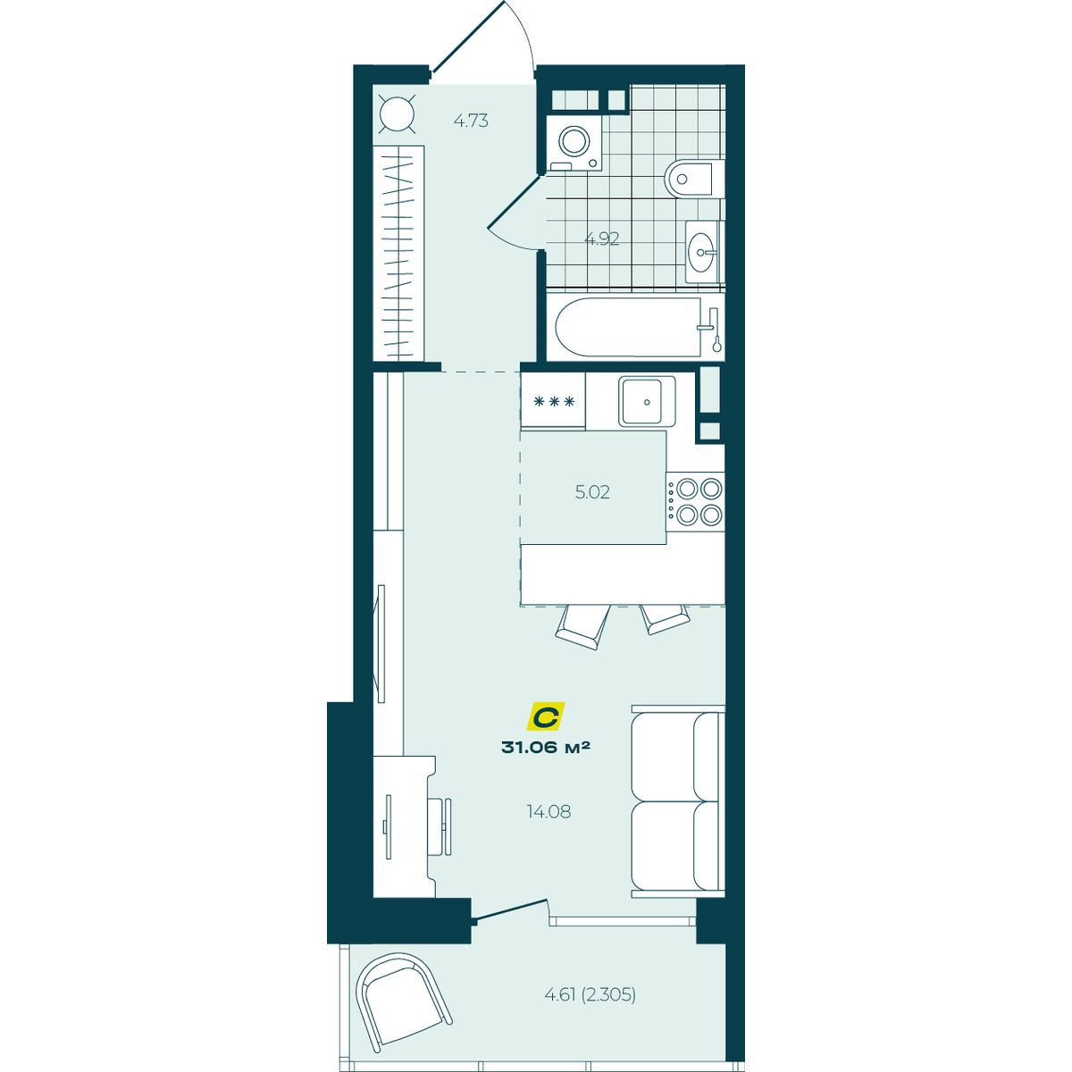 Студия 31,05 м² в ЖК Зелёный Бульвар Студия 31,05 м²