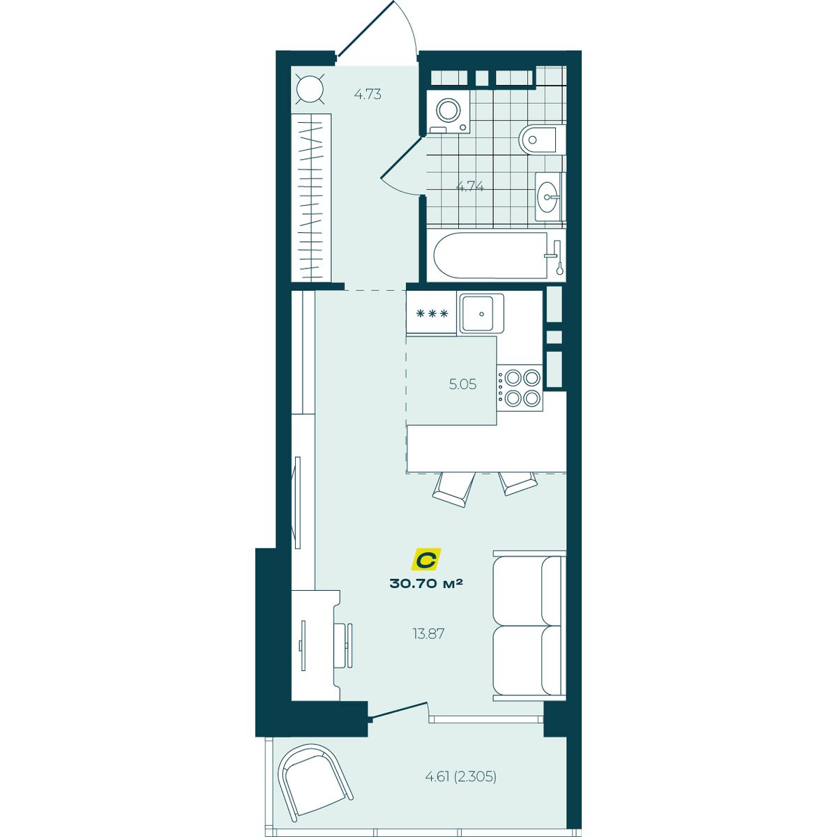 Студия 30,7 м² в ЖК Зелёный Бульвар Студия 30,7 м²