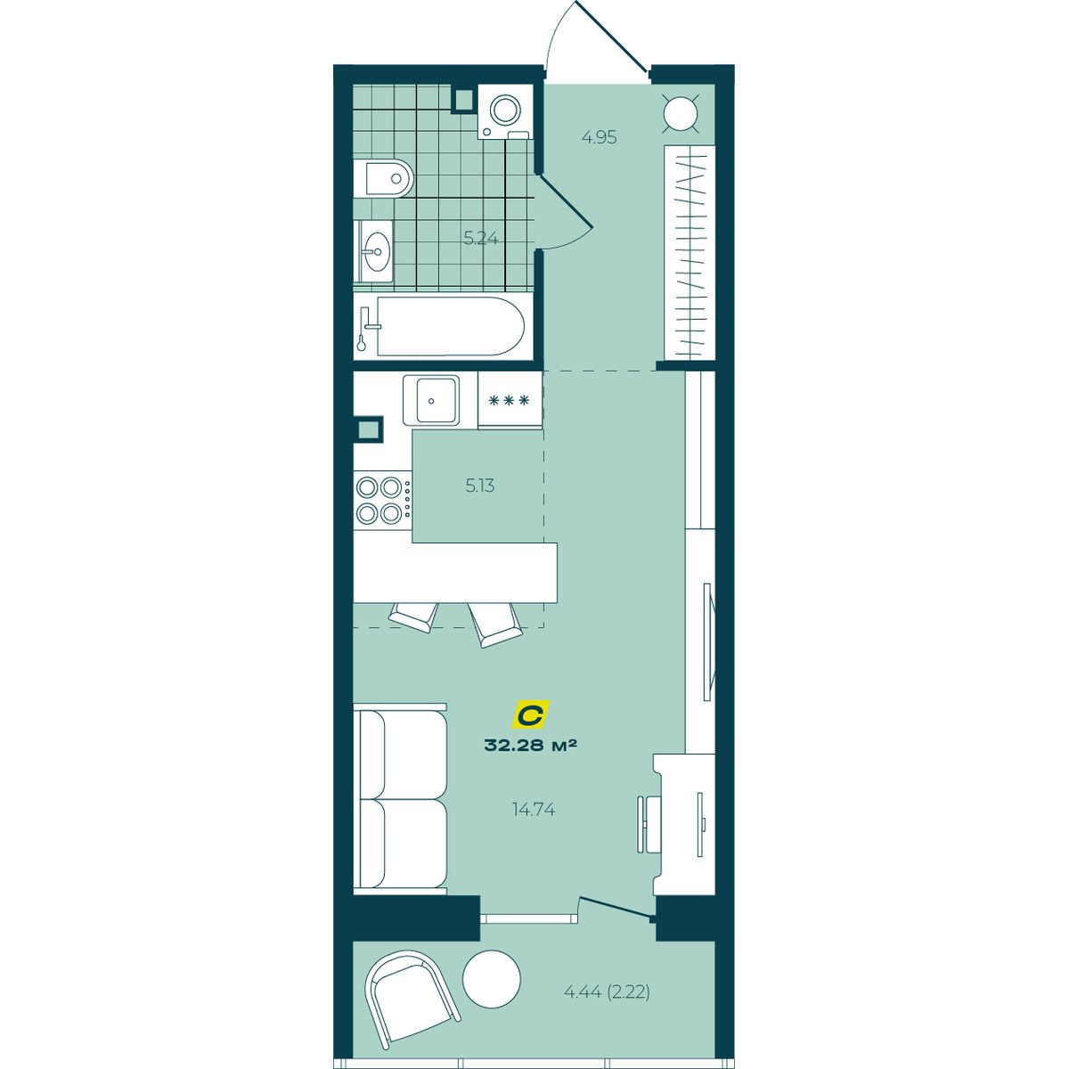 Студия 32,28 м² в ЖК Зелёный Бульвар Студия 32,28 м²