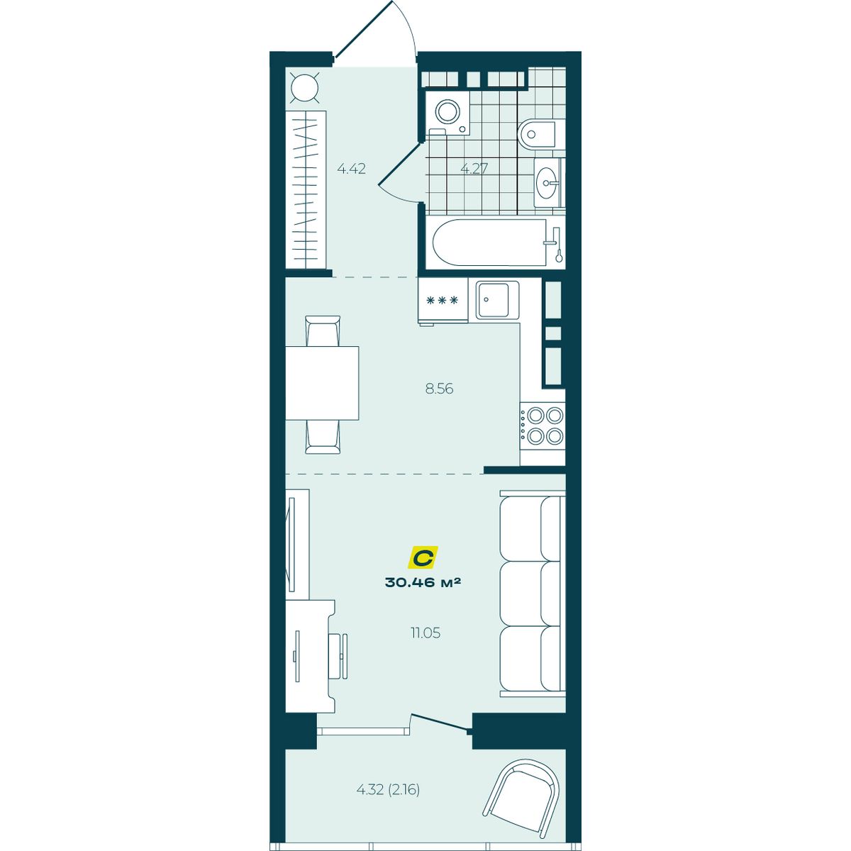 Студия 30,46 м² в ЖК Зелёный Бульвар Студия 30,46 м²