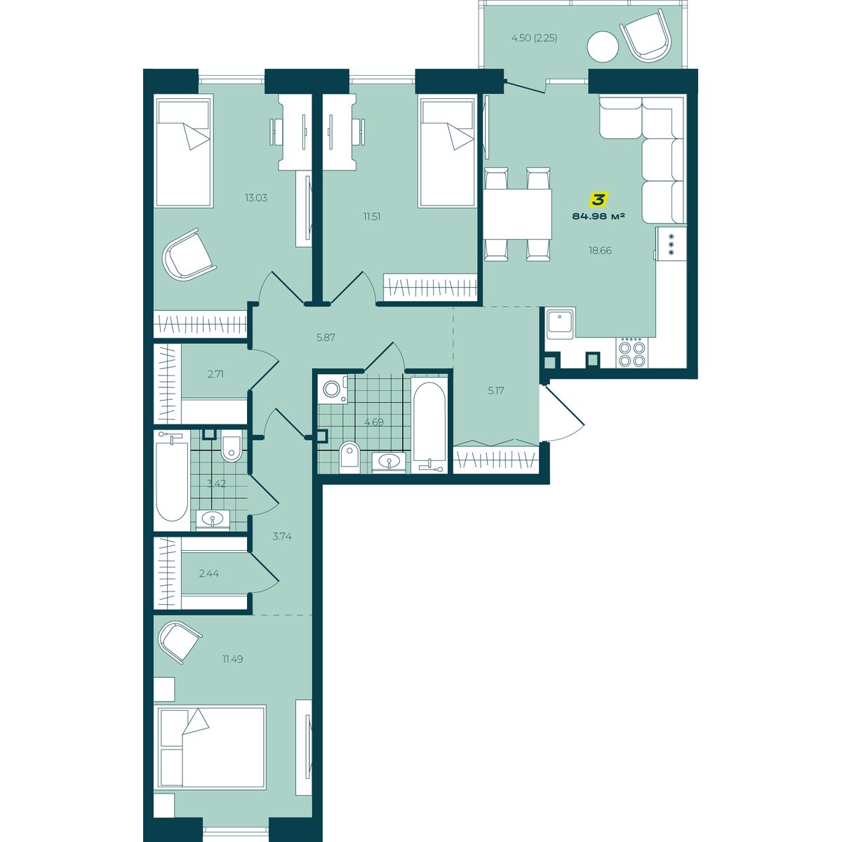 4-комнатная 84,98 м² в ЖК Зелёный Бульвар 4-комнатная 84,98 м²