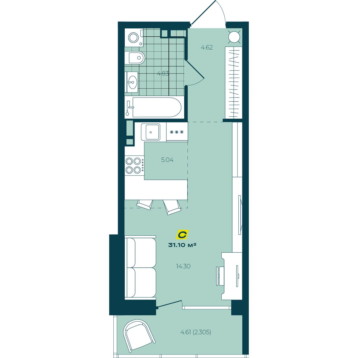 Студия, 31.1 м², № 185 в Зеленый бульвар-2