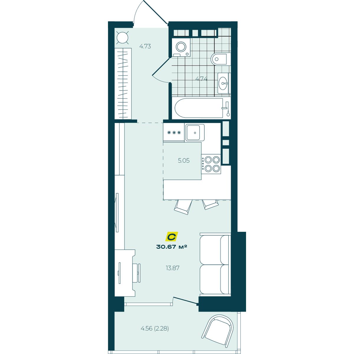 Студия 30,67 м² в ЖК Зелёный Бульвар Студия 30,67 м²