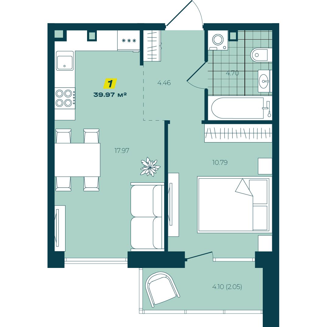 1-комнатная 39,97 м² в ЖК Зелёный Бульвар 1-комнатная 39,97 м²