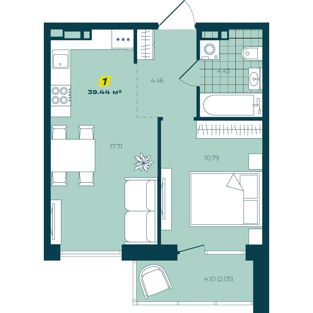 1-комнатная, 39.44 м², № 51 в Зеленый бульвар-2