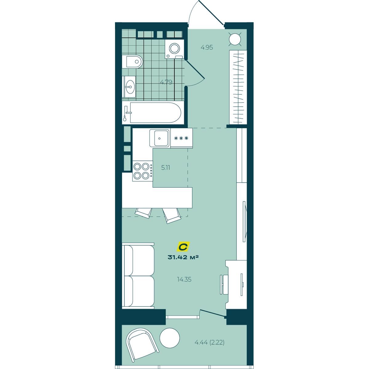Студия, 31.42 м², № 123 в Зеленый бульвар-2