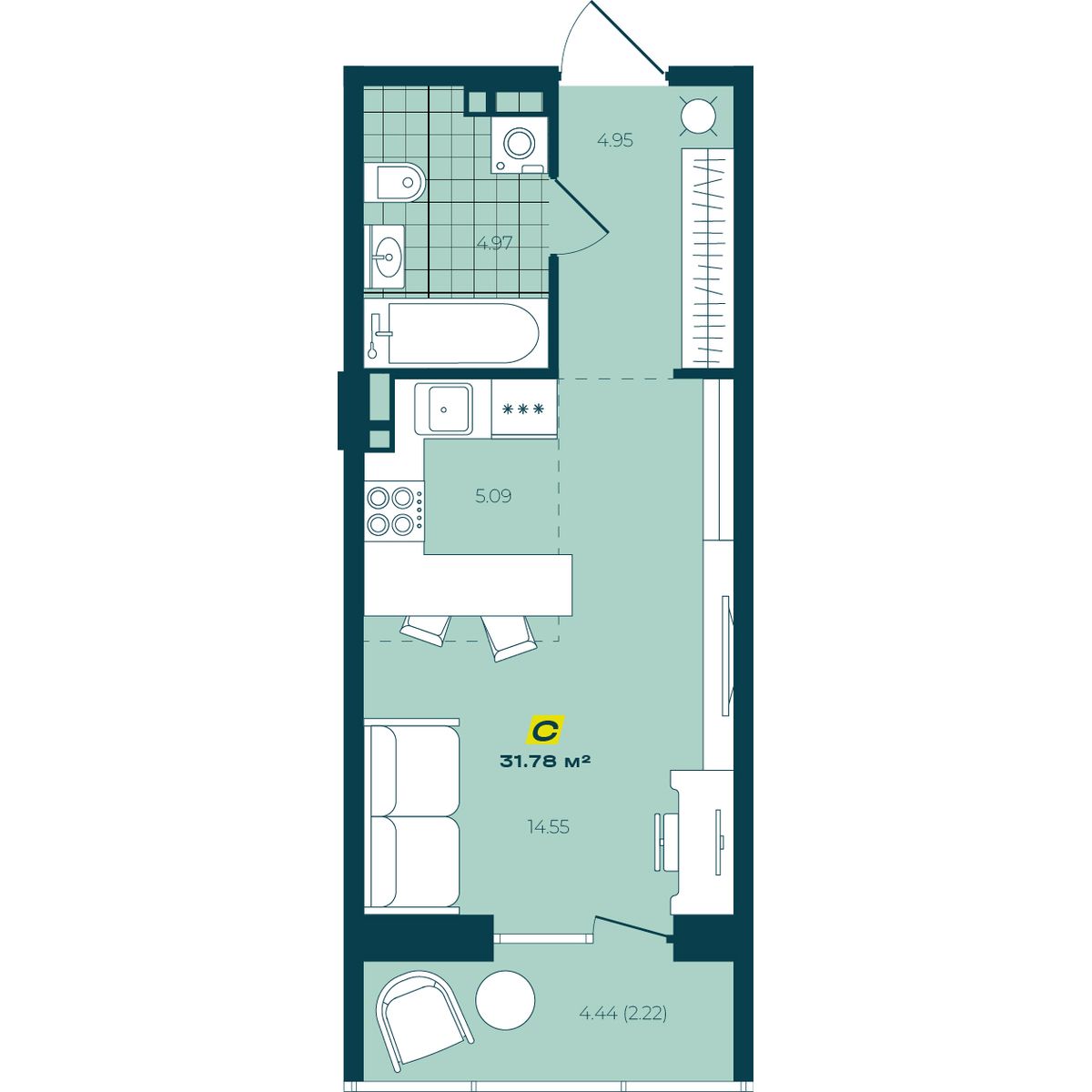 Студия 31,78 м² в ЖК Зелёный Бульвар Студия 31,78 м²