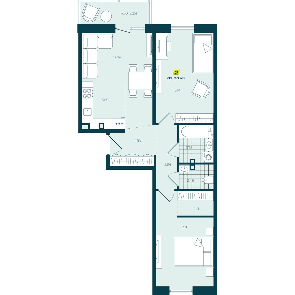 3-комнатная 67,83 м² в ЖК Зелёный Бульвар 3-комнатная 67,83 м²