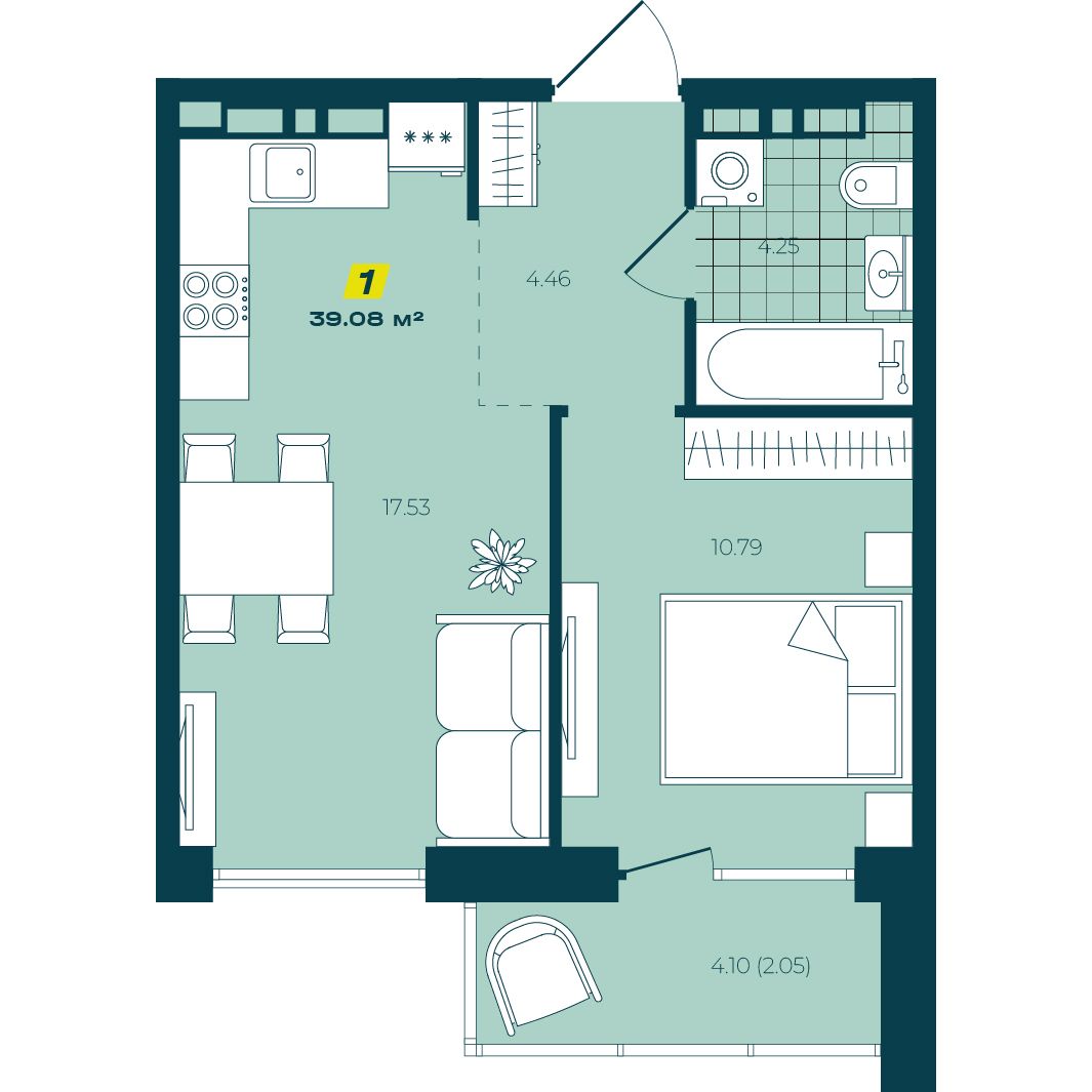 1-комнатная 39,08 м² в ЖК Зелёный Бульвар 1-комнатная 39,08 м²