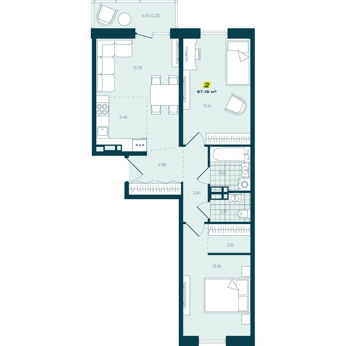 3-комнатная, 67.16 м², № 14 в Зеленый бульвар-2