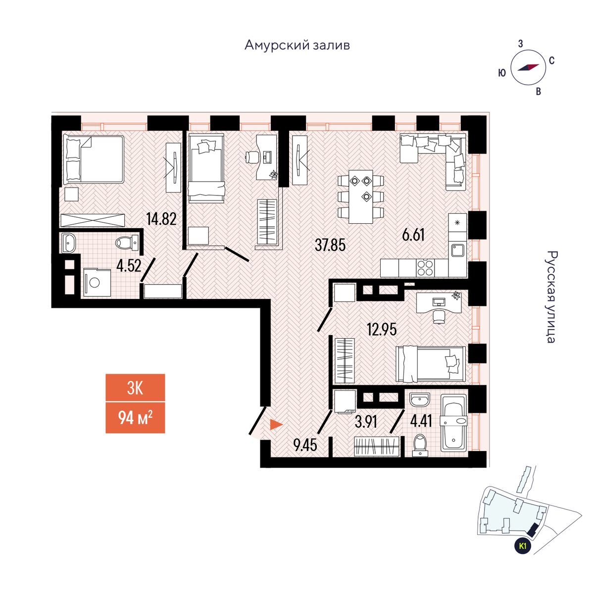 3-комнатная, 94.52 м², № 309 в Stark (Старк)