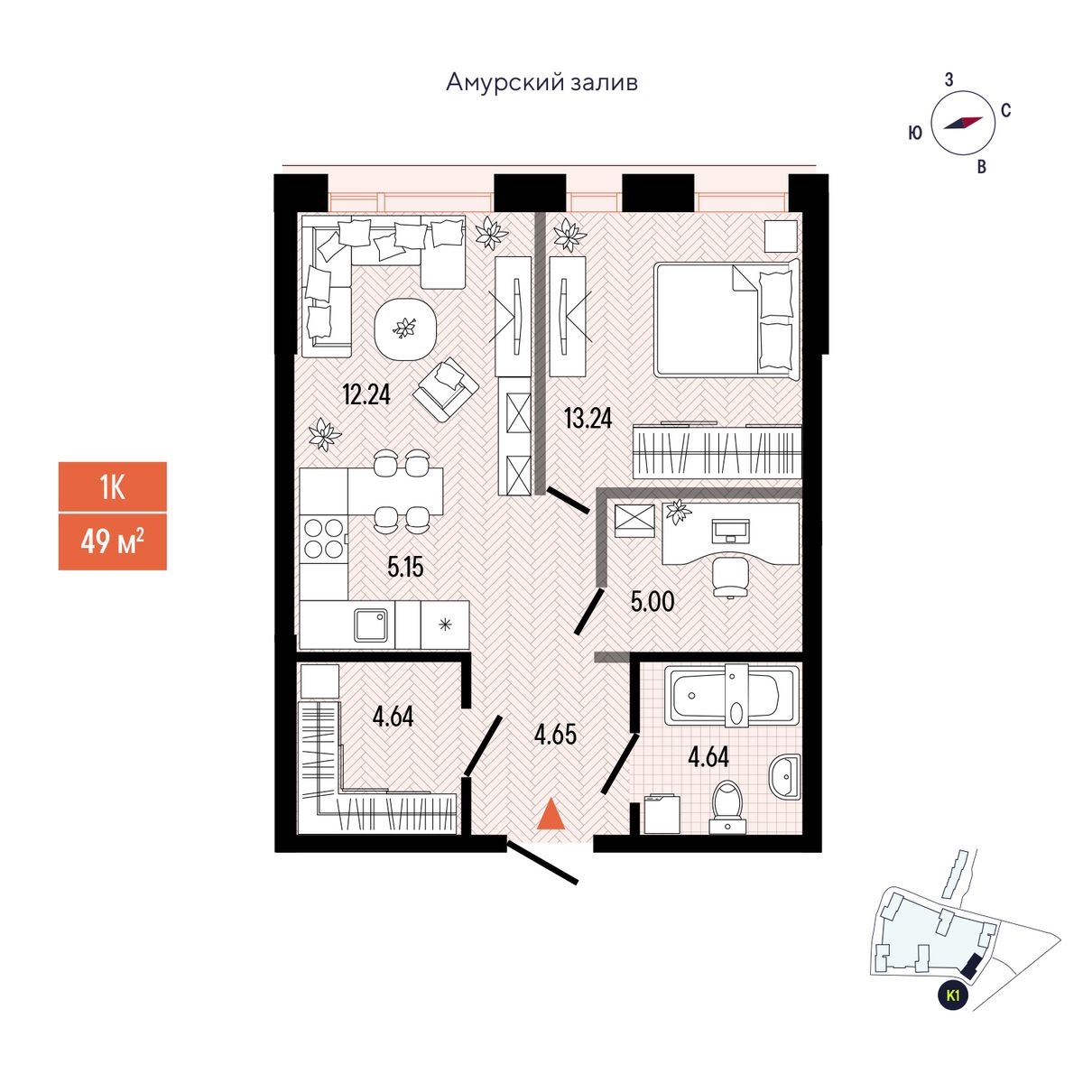1-комнатная, 49.56 м², № 308 в Stark (Старк)