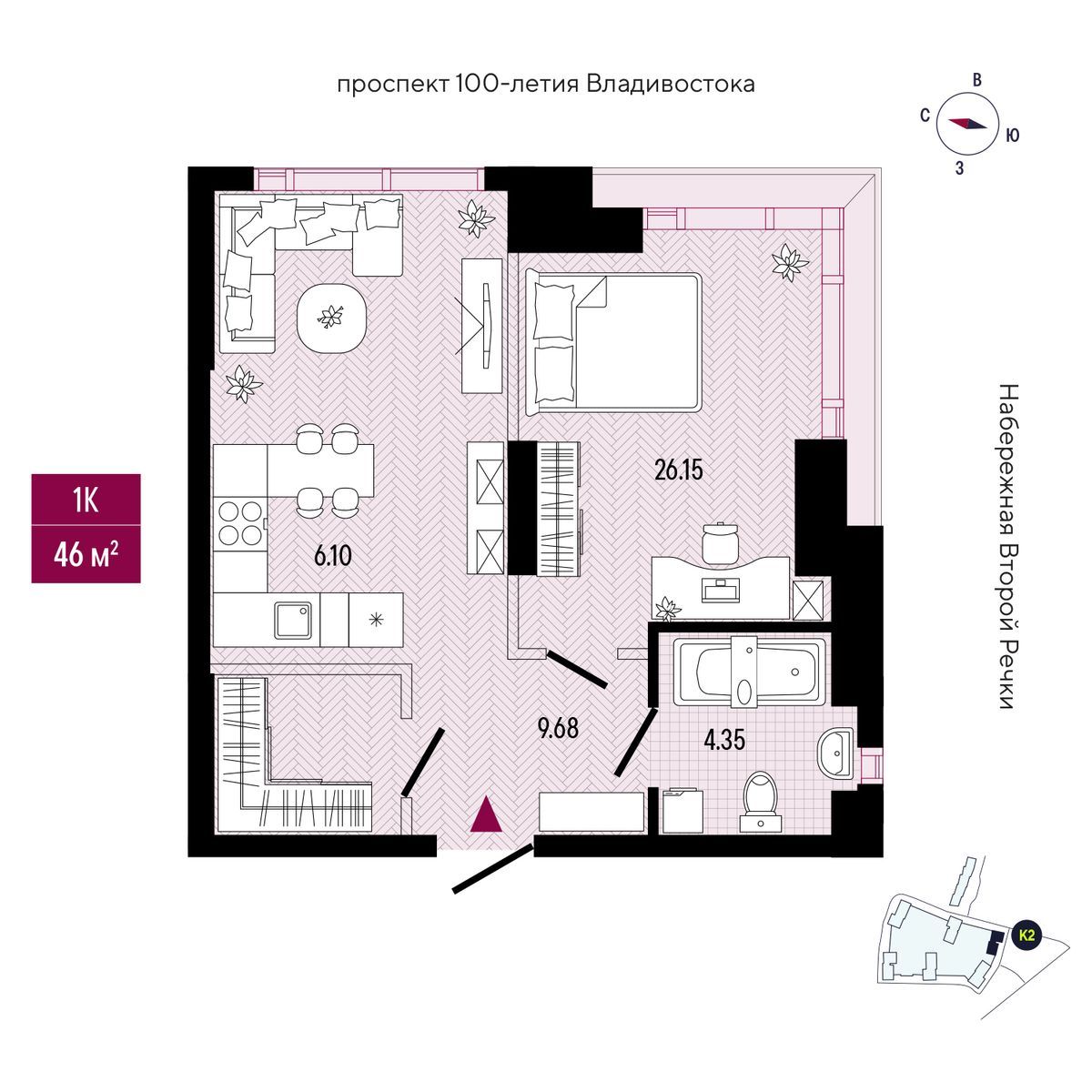 1-комнатная, 47.52 м², № 2806 в Stark (Старк)