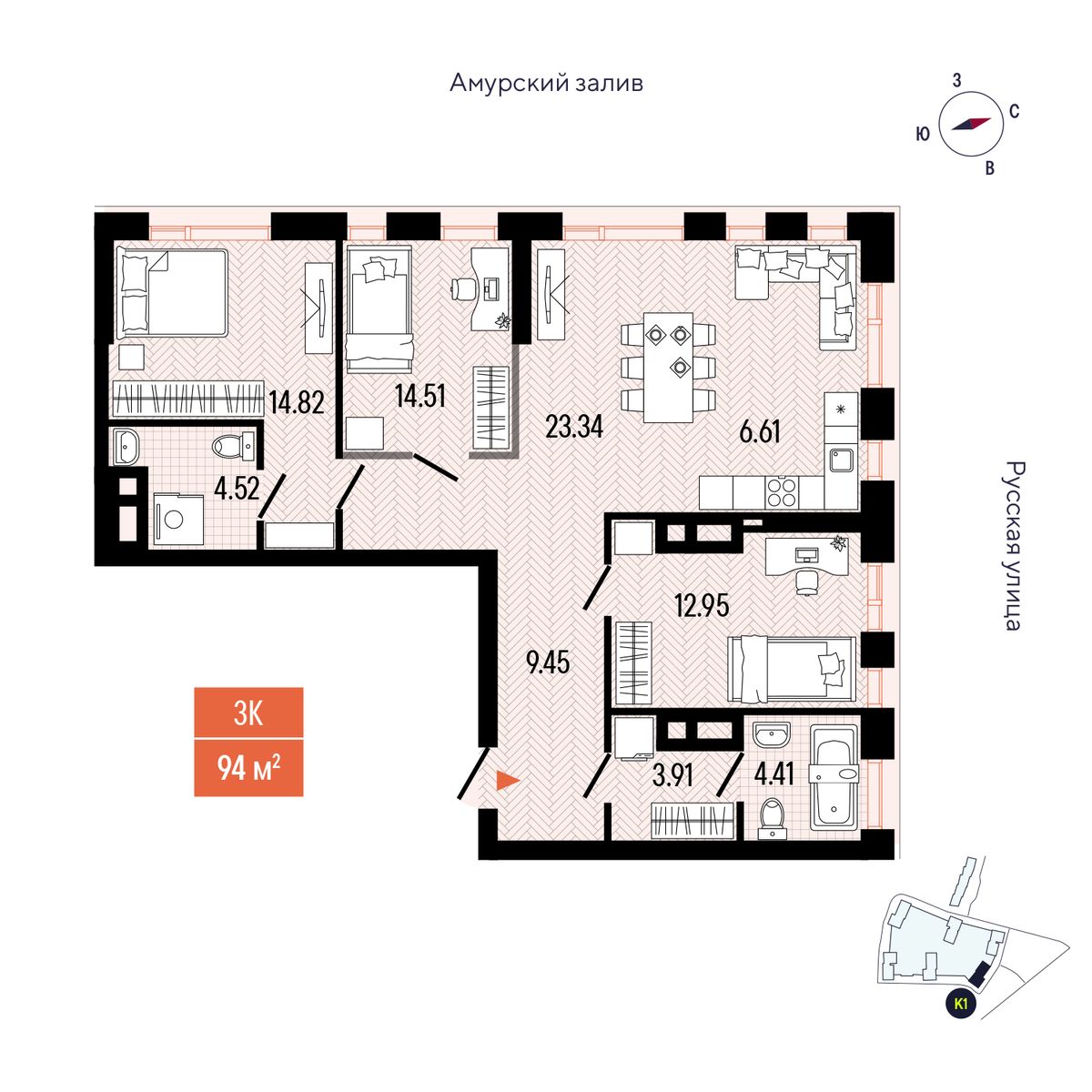 3-комнатная, 94.52 м², № 309 в Stark (Старк)