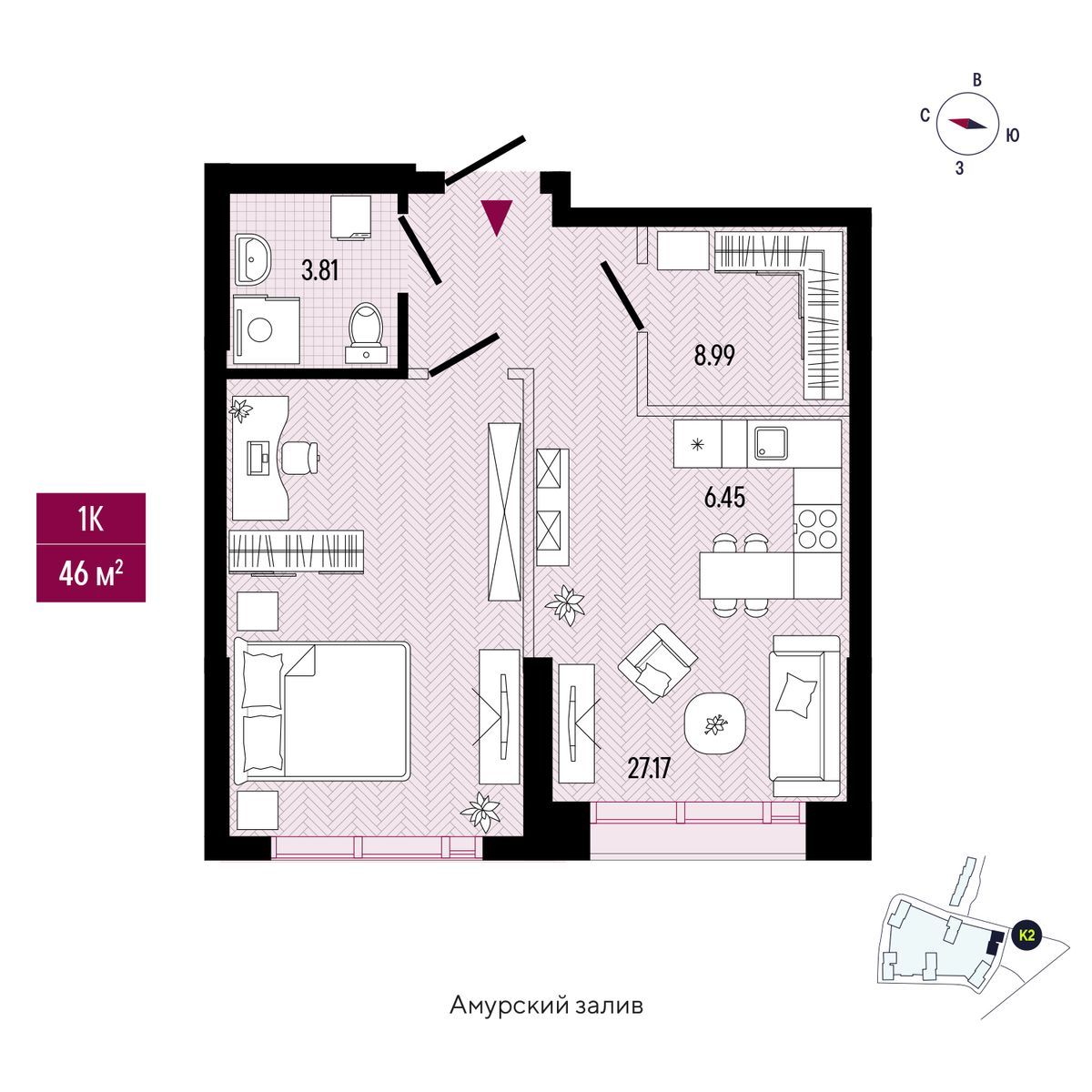 1-комнатная, 47.68 м², № 2702 в Stark (Старк)