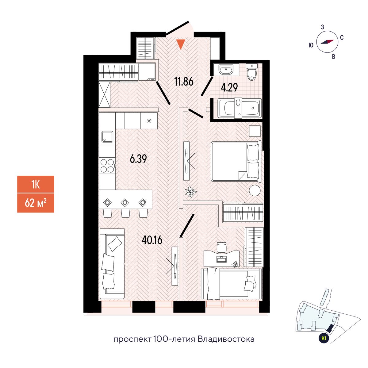 2-комнатная, 62.7 м², № 413 в Stark (Старк)