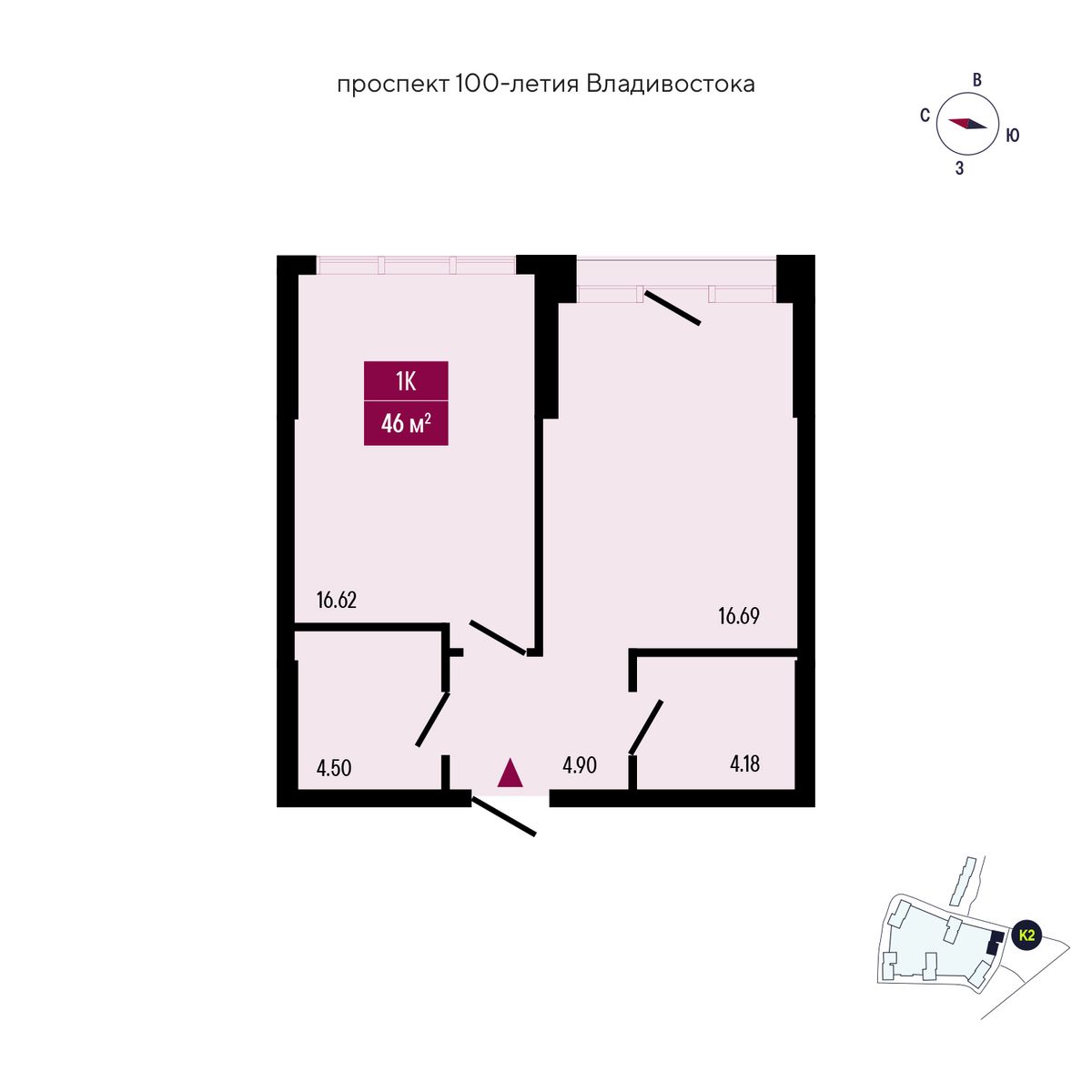 1-комнатная, 46.89 м², № 302 в Stark (Старк)