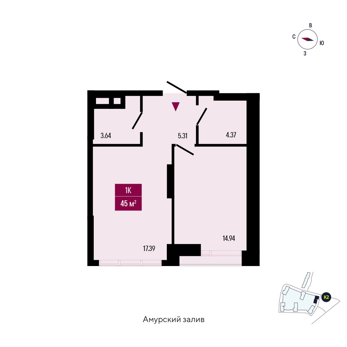 1-комнатная, 45.65 м², № 306 в Stark (Старк)