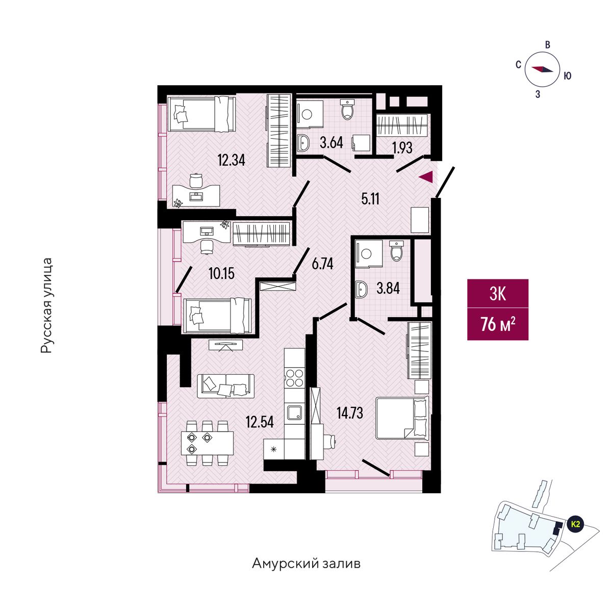 3-комнатная, 74.22 м², № 1804 в Stark (Старк)