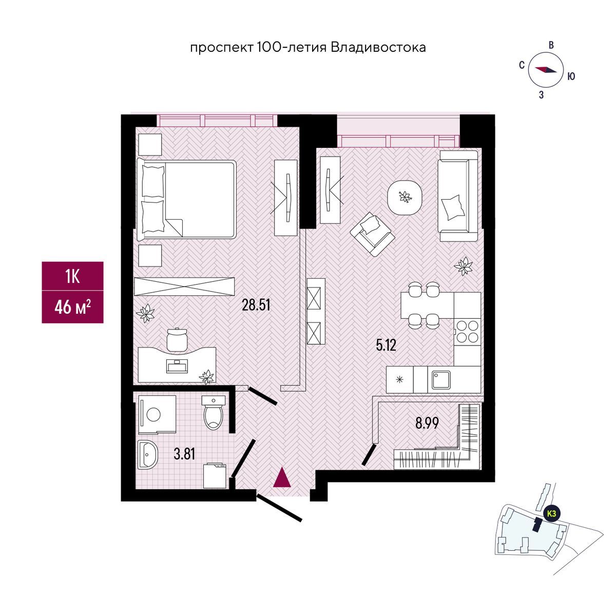 1-комнатная, 46.43 м², № 2705 в Stark (Старк)