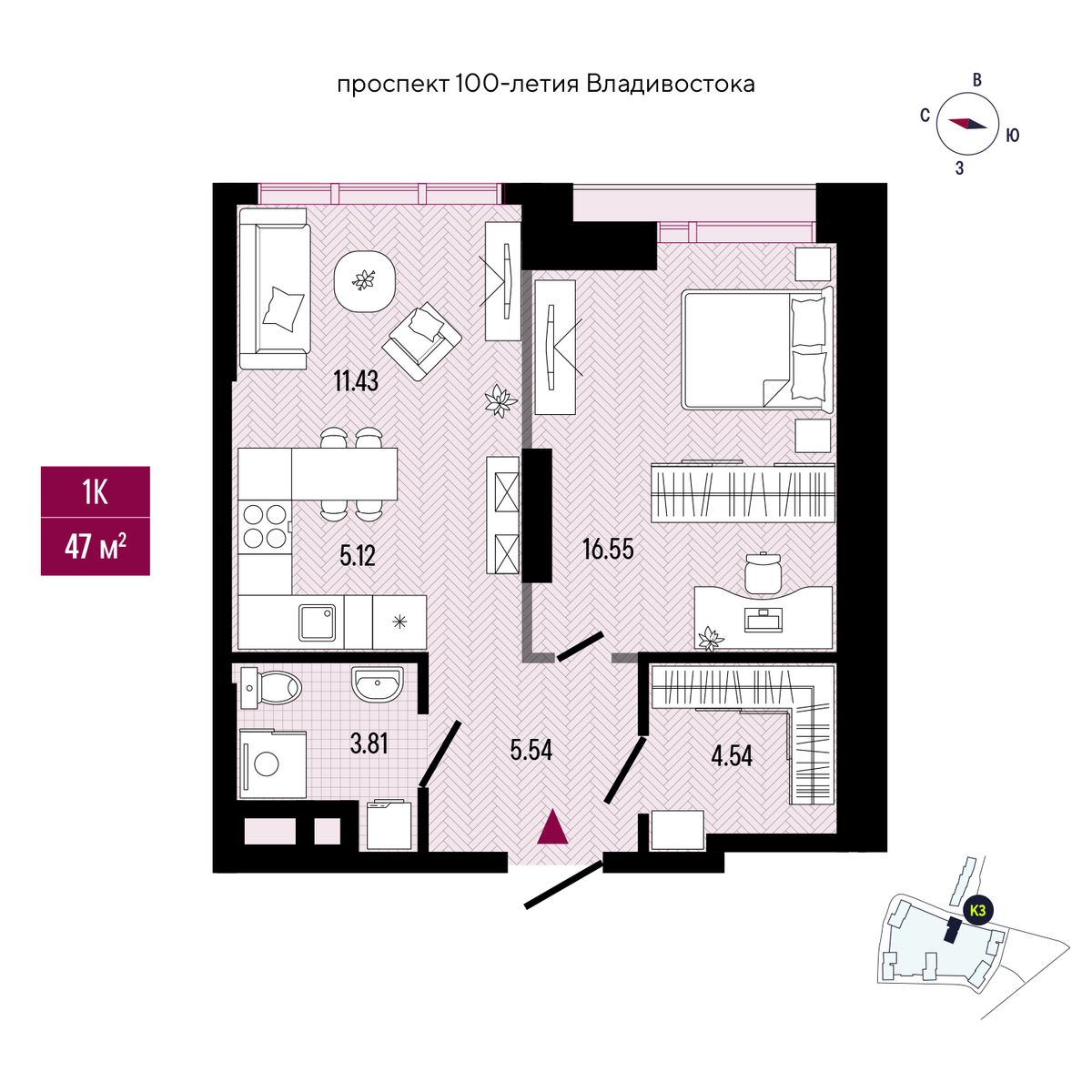 1-комнатная, 46.89 м², № 406 в Stark (Старк)