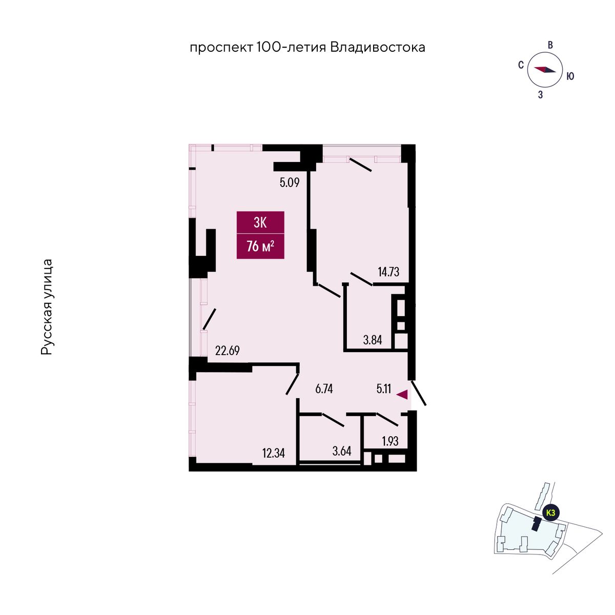 3-комнатная, 76.11 м², № 304 в Stark (Старк)
