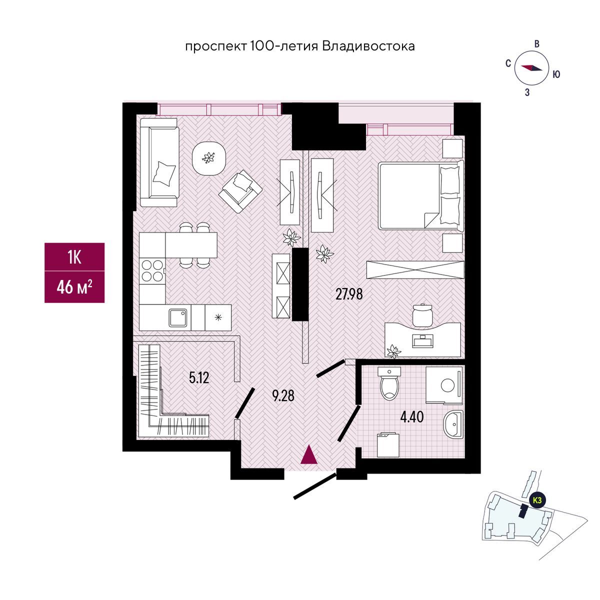 1-комнатная, 47.52 м², № 2806 в Stark (Старк)