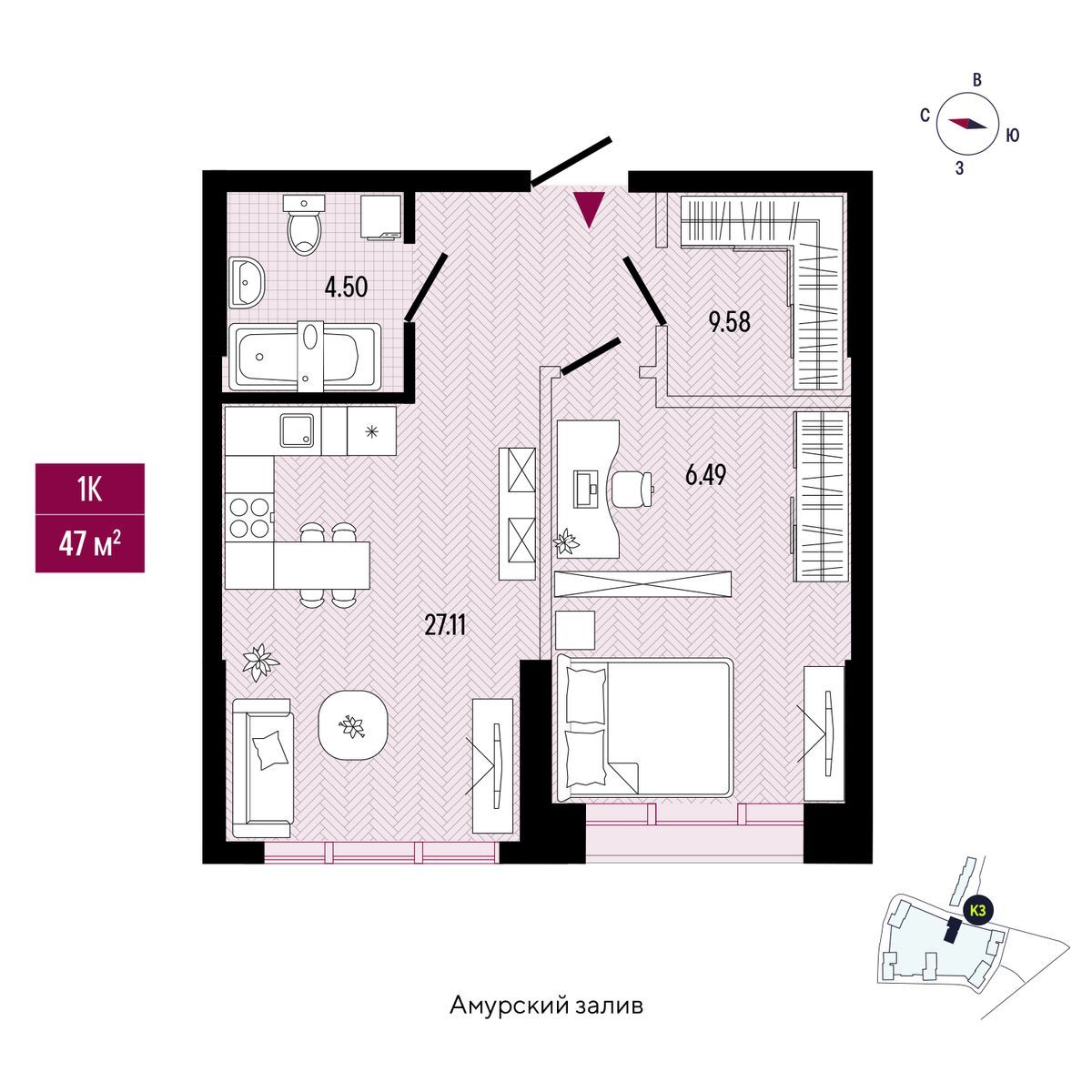 1-комнатная, 47.68 м², № 2802 в Stark (Старк)