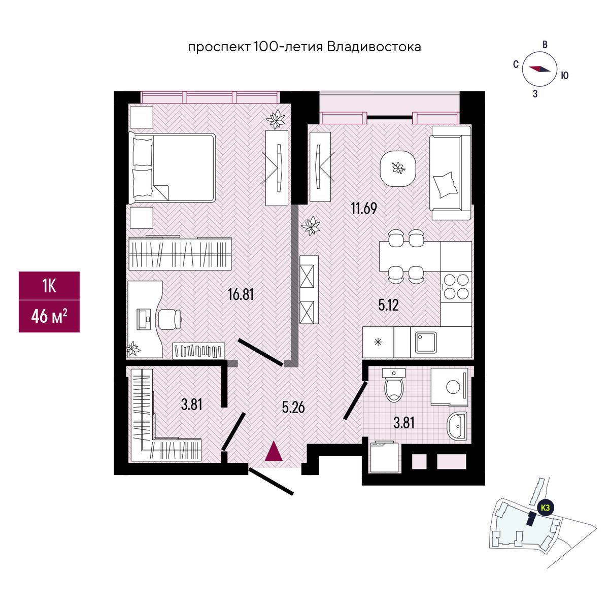 1-комнатная, 46.09 м², № 2205 в Stark (Старк)