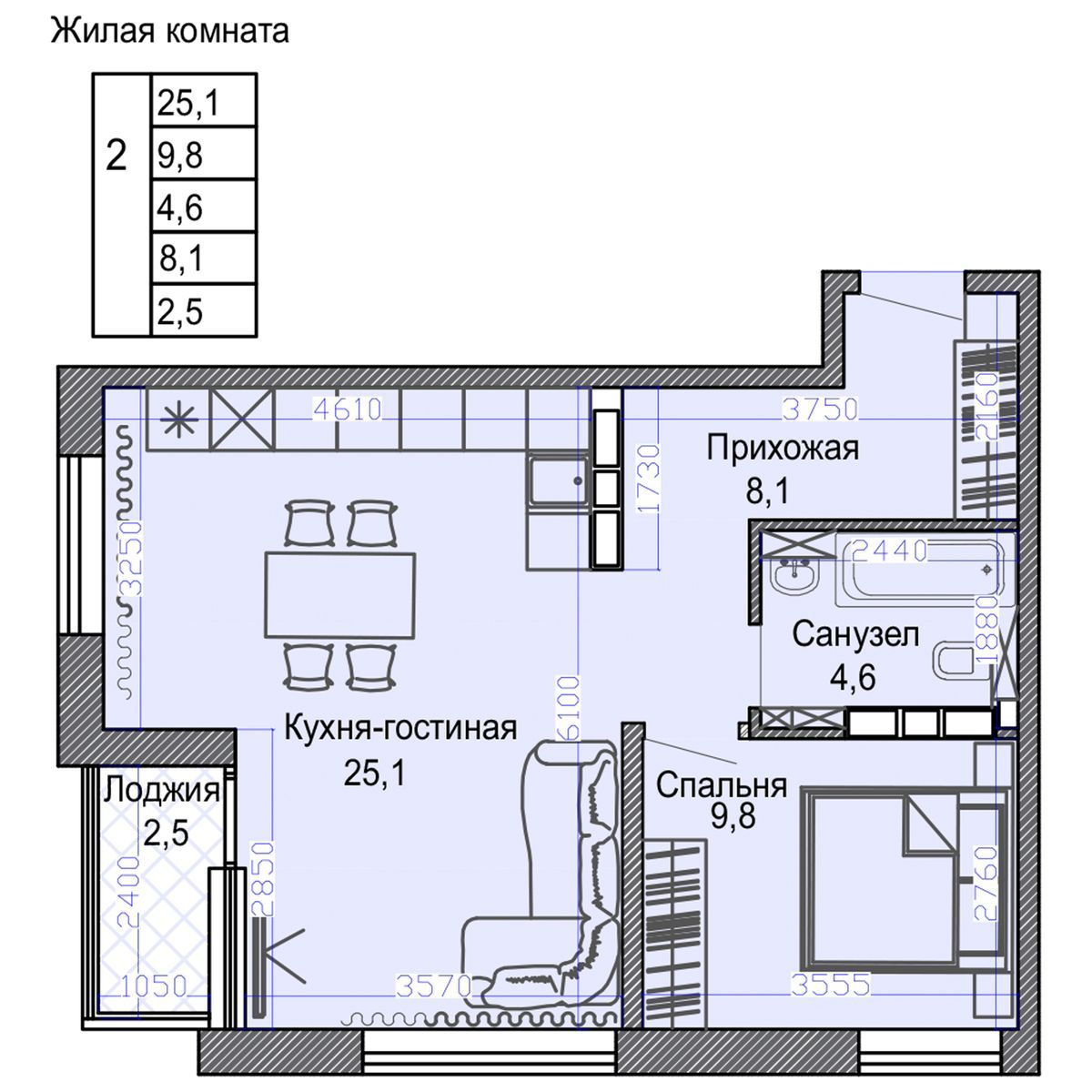 2-комнатная, 50.6 м², № 196 в Малахит