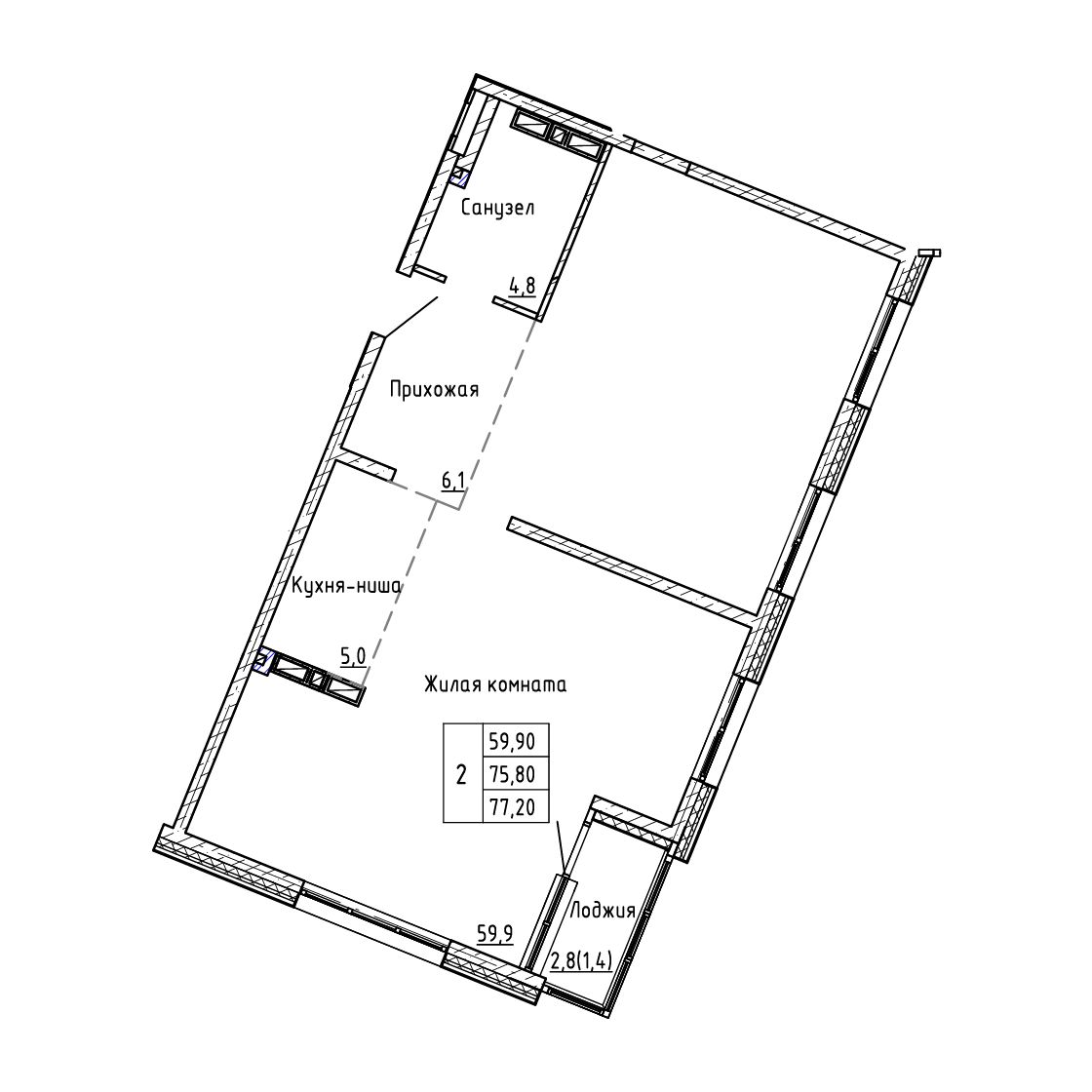 3-комнатная, 77.2 м², № 373 в Малахит