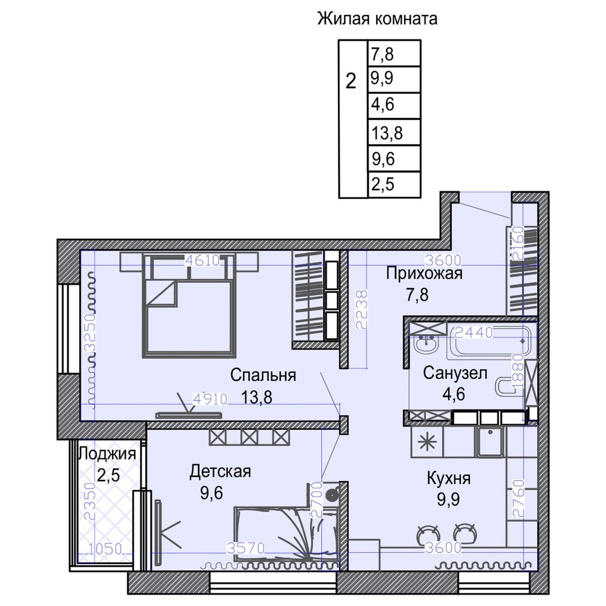 2-комнатная, 50.6 м², № 196 в Малахит