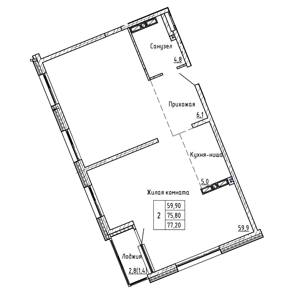 3-комнатная, 77.2 м², № 378 в Малахит
