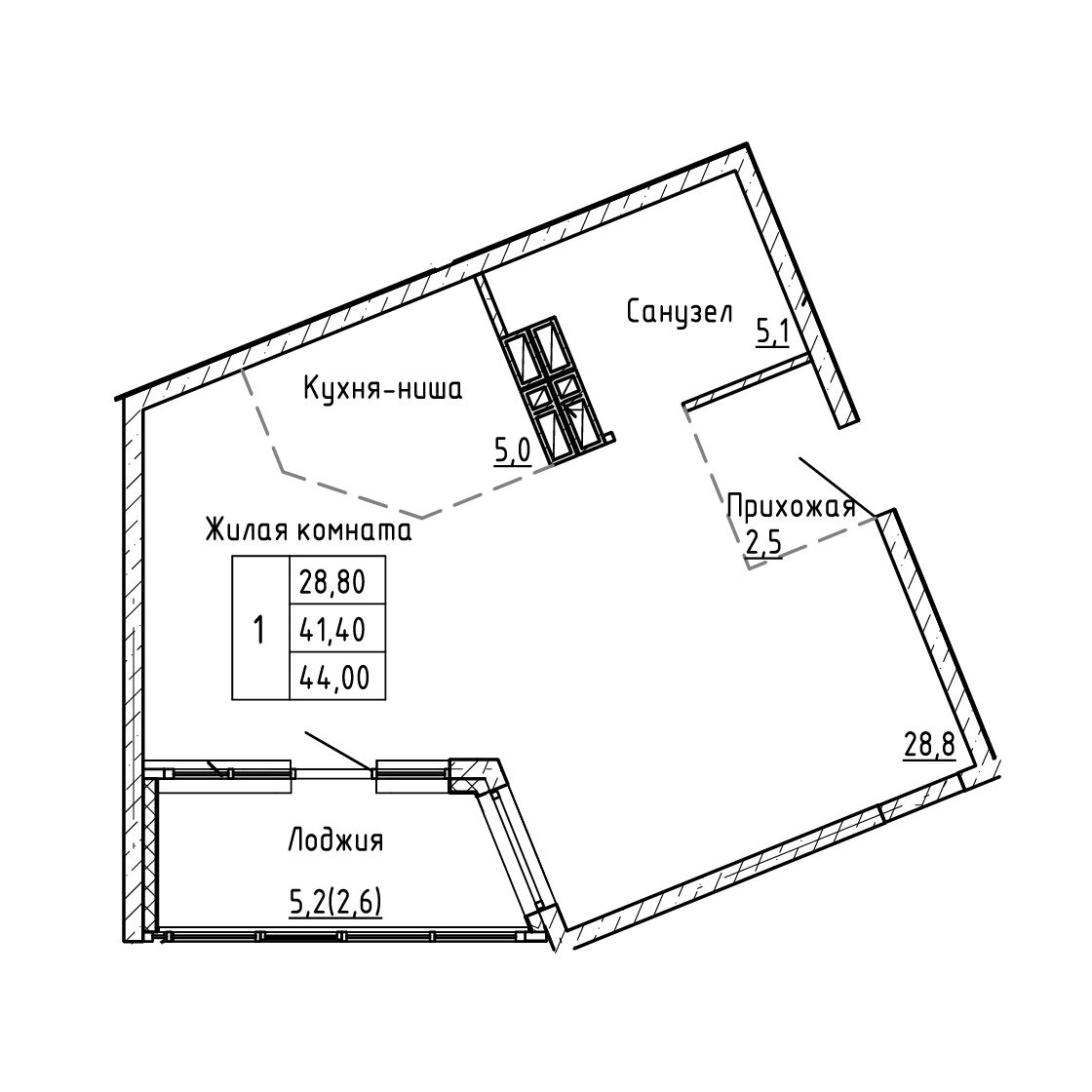 1-комнатная, 44 м², № 377 в Малахит