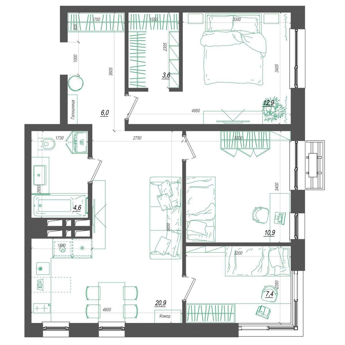 4-комнатная, 68.2 м², № 359 в Нефрит